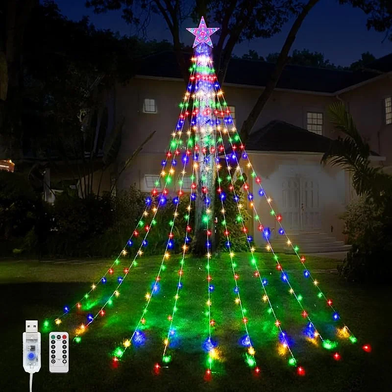 WoskjXas Luces Arbol Navidad con Estrella, 9 Piezas 2M 198LEDs USB Guirnalda de Luces de Navidad con Control Remoto, 8 Modos Impermeable Cascada luz, luz de Christmas Decorativas — Luces Navidad