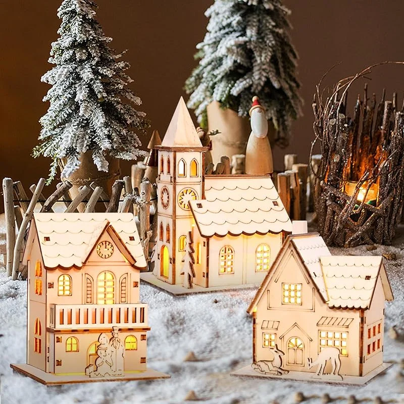 FUFRE 3 piezas pueblo de Navidad con iluminación, casa de Navidad iluminada de — Decoracion Navidad