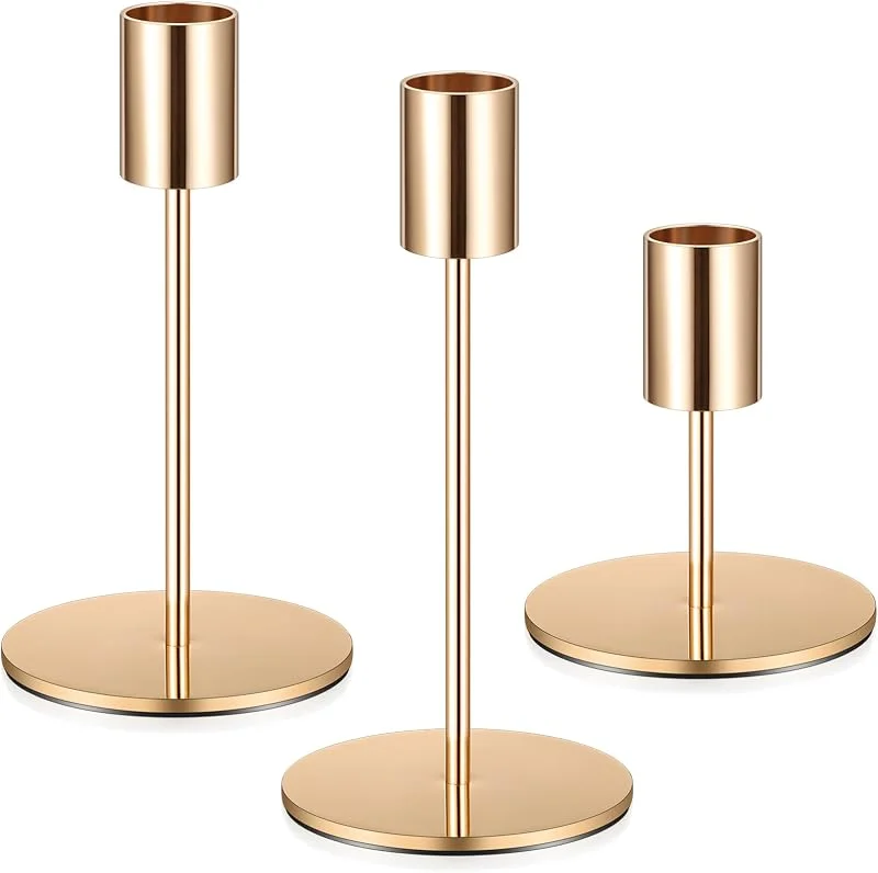 ZWFSDM 3 Pcs Candelabro Dorado, 8.5, 14, 16 cm Candelabros para Velas, Decorativos para Mesas, Bodas y Cumpleaños — Cena a la luz de velas