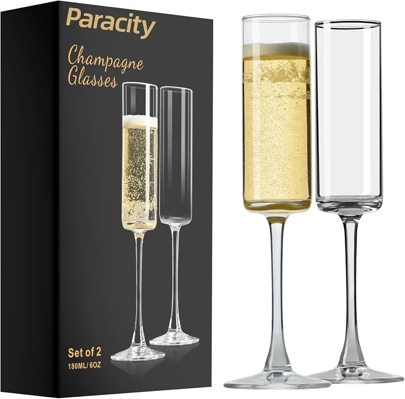 PARACITY Juego de 2 copas de champán de cristal, copas de champán, copas de champán, regalo para cumpleaños, boda, Navidad, copas de champán burbujeantes brillantes para mujeres, hombres (180 — Vino y mesa festiva