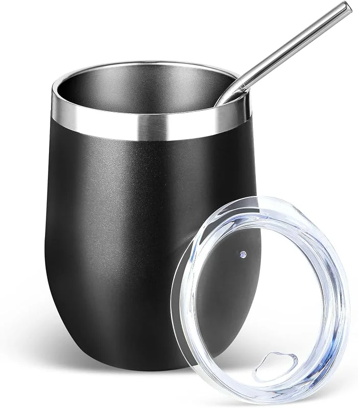 Visita la tienda de Volhoply Volhoply Vaso de vino de acero inoxidable de 12 onzas con tapa y popote, 350 ml, doble pared aislada al vacío, copas de vino sin tallo, taza de café de viaje para bebidas frías, vasos pequeños regalos — Vino y mesa festiva