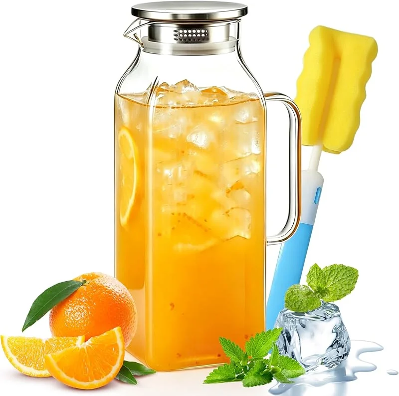 Zinueen Jarra de cristal de borosilicato con tapa de acero inoxidable (2 L) — Vino y mesa festiva