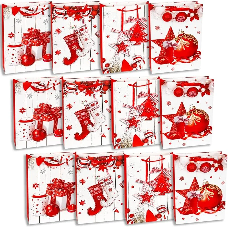 Visita la tienda de Jonami Bolsas de Regalo Navideñas Tamaño Mediano - 12 Piezas - con 4 Diseños de Navidad, Papel de Regalo y Adornos de Fiesta (24x18x8cm) — Envoltorio regalo