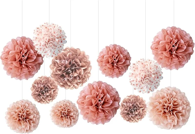 TIANNAIT 12 bolas de papel de oro rosa, pompones de seda para boda, cumpleaños, despedida de soltera, fiesta femenina, decoración de telón de fondo — Envoltorio regalo