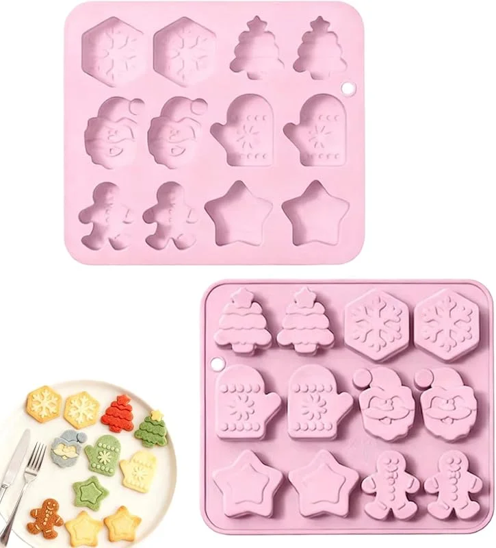 YTAXYZWR Molde silicona navideño 12 cavidades, molde chocolate 3D árbol de Navidad muñeco jengibre copo nieve bastón, molde gelatina repostería fiestas invierno — Hogar y cocina