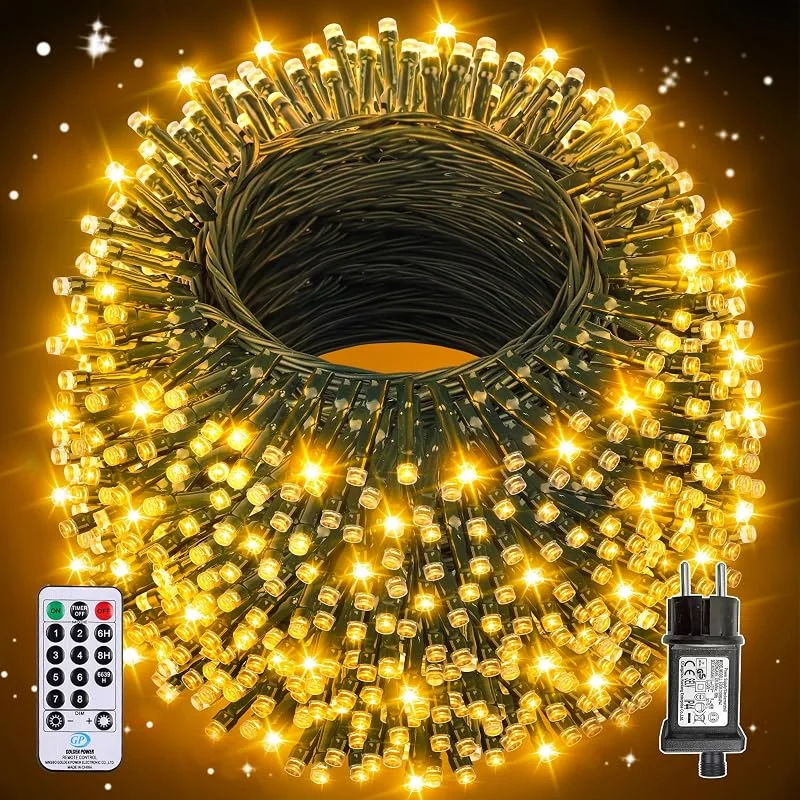 Auriostar Luces Navidad Exterior 60m, 600LEDs Luces Arbol Navidad Interior 8 Modos, IP44 Impermeable Exterior con Control Remoto, LED para Habitacion, Fiestas, Boda, Balcon