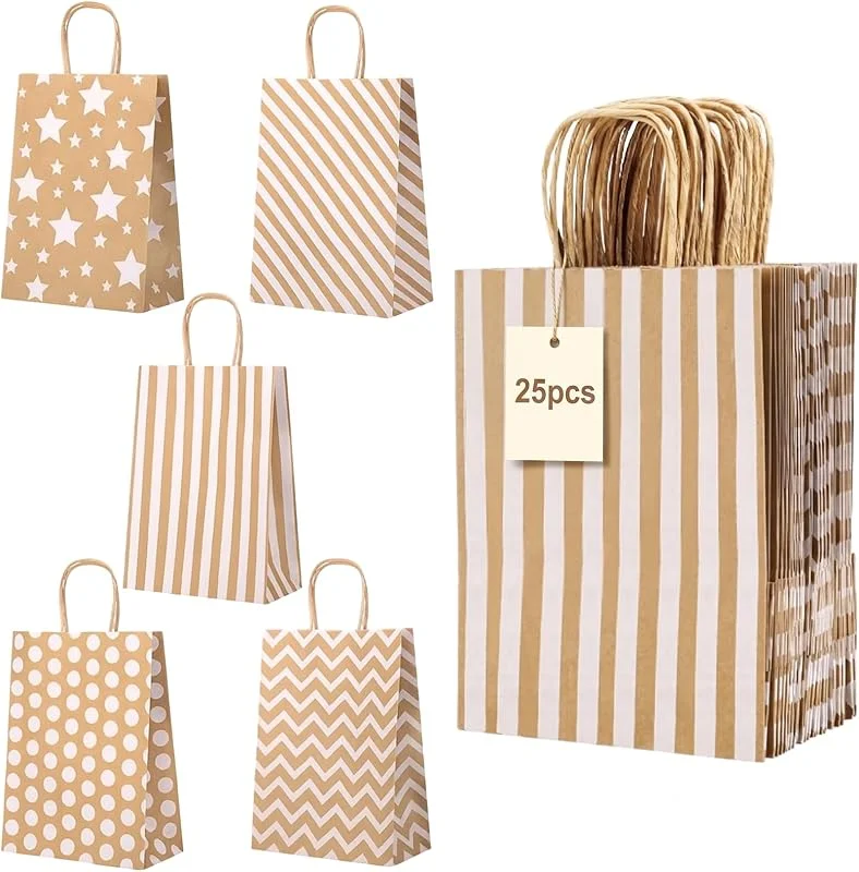 Zyluniy 25 Bolsas de Papel Kraft con Asas, 22x16x8 cm, Reutilizables Bolsas de Papel, Bolsas Regalo Pequeñas para Bodas, Cumpleaños, Navidad y Eventos — Envoltorio regalo