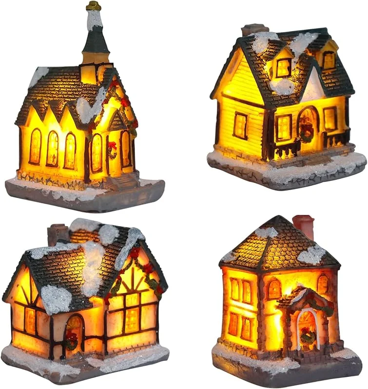 TaimeiMao 4 Piezas Pueblo Navideño, Miniatura Casas de Pueblo Navideñas — Decoracion Navidad