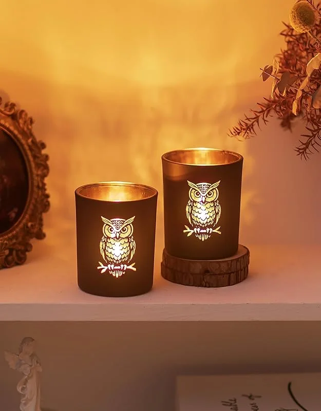 Romadedi Juego de 2 portavelas de cristal, diseño de búhos, color negro y — Adviento y mesa
