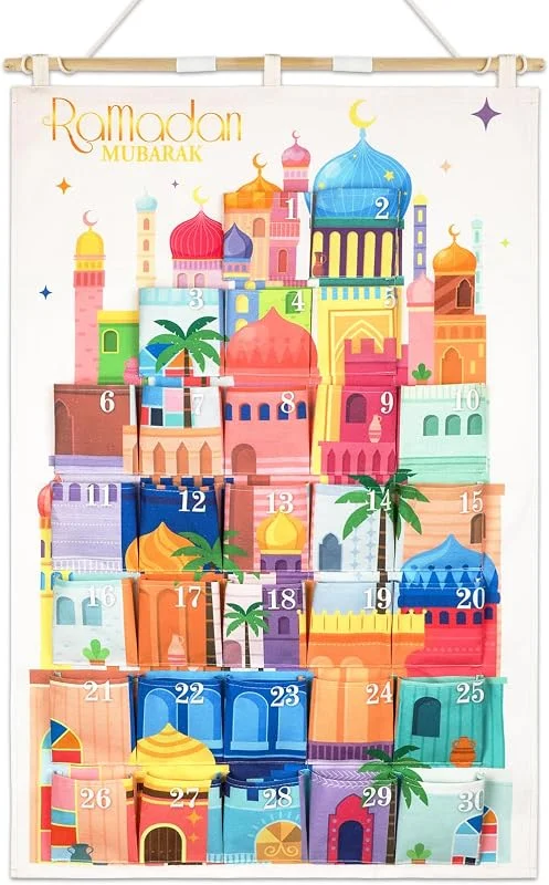 HOWAF Calendario Ramadan Decoracion Fieltro, Ramadan Calendario Adviento para Rellenar, Calendario de Adviento de Tela con 30 Bolsillos para Eid Mubarak Decoración Ramadan Mubarak, Multicolor, 10X10CM — Adviento y mesa