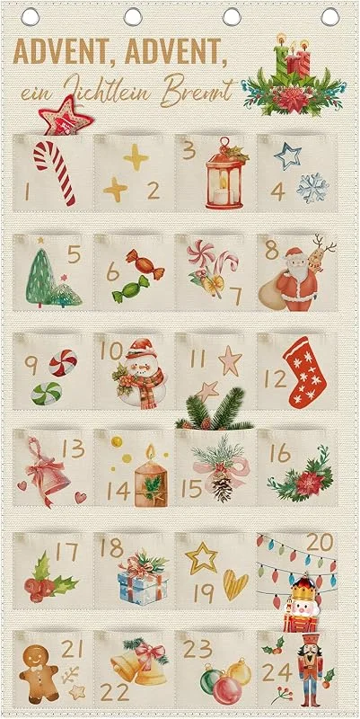 Tarklanda Calendario de Adviento de Navidad de Tela 2025 Calendario de Adviento para Rellenar con 24 Bolsillos 120 * 60cm para Rellenar Advent Calendar Colgante de Cuenta Regresiva de Navidad — Adviento y mesa