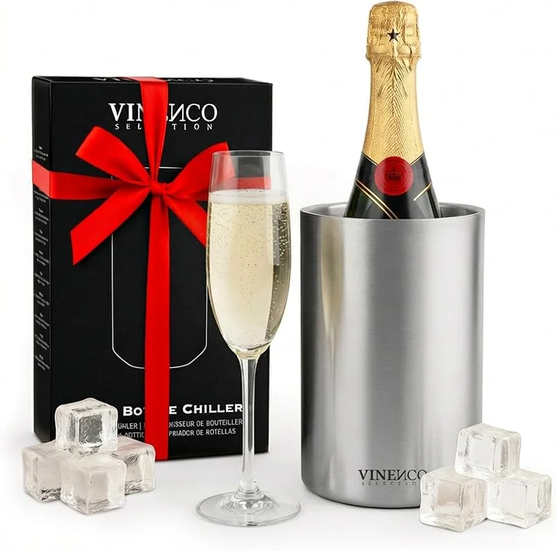 Visita la tienda de Vinenco VINENCO Enfriador de Botellas de Vino Acero Inoxidable Doble Pared Aislado, Cubitera de Vino Champan y Bebidas, Set de Regalo para Hombres y Mujeres Accesorios de Vino Idea de Regalo Navidad — Vino y mesa festiva