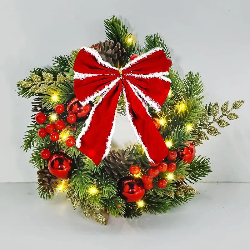 GBKDQQ Corona de Navidad con luces LED, corona de adviento de Navidad, guirnalda de Navidad, con batería, corona decorativa de mesa, decoración de puerta y mesa, con lazo, decoración navideña aprox. 33 cm — Decoracion Navidad