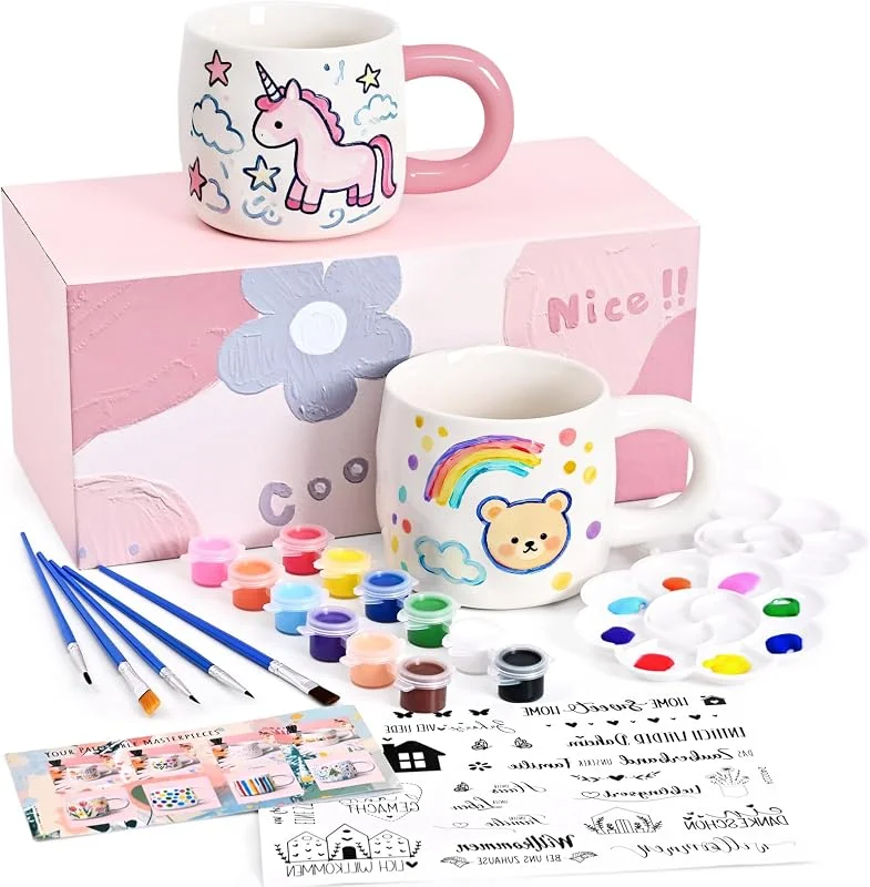 Joymaking Juego de tazas de cerámica para pintar para adultos, regalo creativo, tazas, pinturas, pinceles y pegatinas para taza de cerámica, juego de 2 unidades — Adviento y mesa