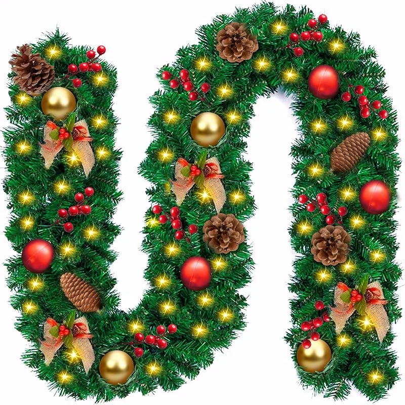 Vleuexe Guirnalda de Navidad Verde, 2, 7M Guirnalda Decorada, Guirnalda Verde Navidad Artificial con 50Luces LED Bayas, Piñas, Abeto Artificial Guirnalda de Ratán, para decoración del hogar Escalera Puerta — Decoracion Navidad