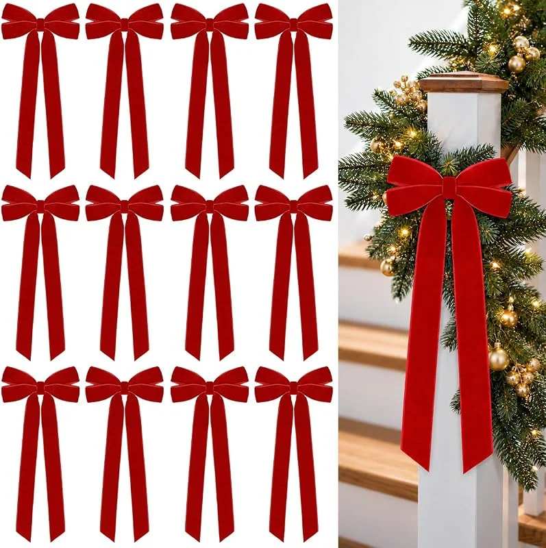 LQTSLFM 12 Piezas Lazo Arbol Navidad 13 × 26 CM Lazos Navideños Grandes Lazos Terciopelo Arbol Navidad para Guirnaldas, Chimeneas, Envoltorios de Regalo — Envoltorio regalo