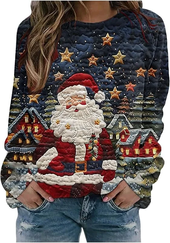 tacniseyw Suéter de Navidad para mujer, sudadera divertida con estampado de árbol de Navidad de Papá Noel, manga larga, cuello redondo, suéter de invierno para mujer, camisetas lindas y divertidas — Ropa Navidad