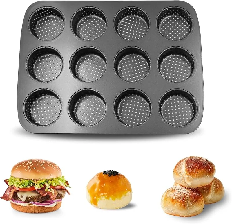 Gurlideo Mini bandeja de pan para hamburguesas, 12 moldes de acero al carbono, antiadherente, para hamburguesas caseras, pan, panecillos, bolsas de viento, tartaletas — Hogar y cocina