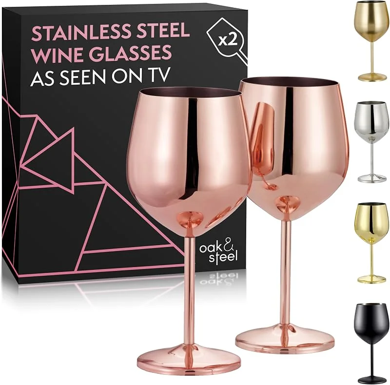 Visita la tienda de OS Oak & Steel ENGLAND Oak & Steel - 2 Copas de Vino de Acero Inoxidable en Oro Rosa, 520 ml - Copas de Vino Tinto Elegantes e Irrompibles para Ocasiones Especiales con Caja de Regalo — Vino y mesa festiva