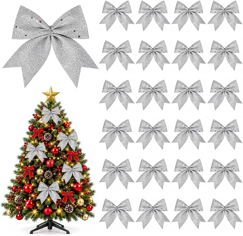 DUSPAK Noeud Sapin de Noel 24 Piezas Plateadas, Lazos para Arbol Navidad con Purpurina, Lazos Arbol Navidad Brillantes, para Árbol, Corona y Regalos — Envoltorio regalo