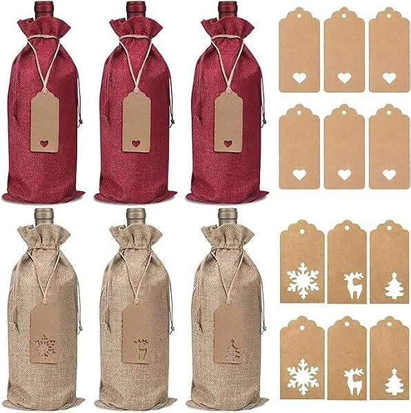 THXFUNAREA Set de 6 Bolsas para Botellas de Vino de Arpillera – Bolsa Regalo Vino Navidad con 12 Etiquetas Kraft y 12 Cuerdas, Fundas Decorativas para Botellas — Vino y mesa festiva
