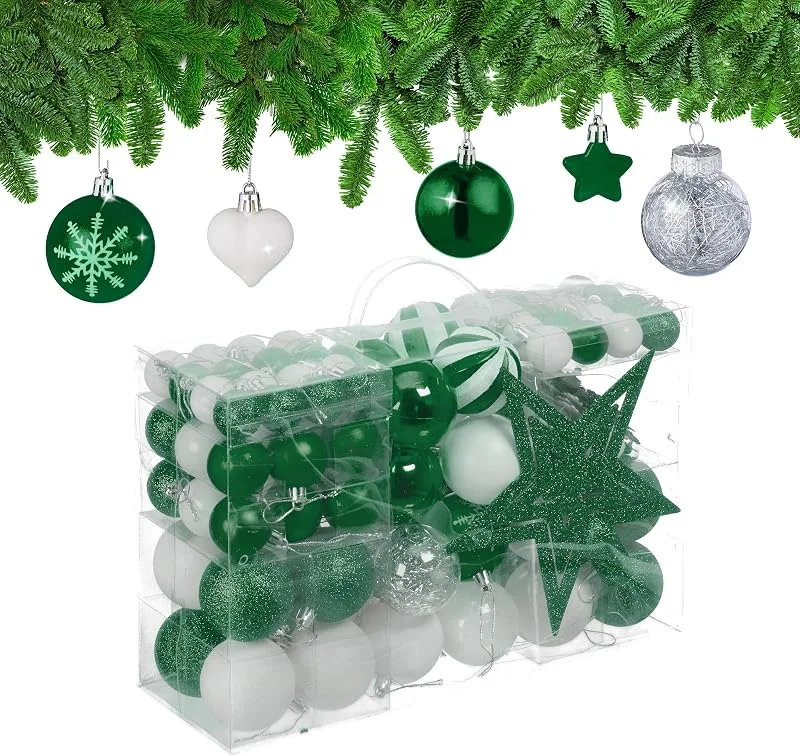 Visita la tienda de Relaxdays Relaxdays Set 101 Bolas Árbol Navidad, Plástico, Adornos Navideños con Bolitas y Estrella, Decoración, Verde, Blanco — Decoracion Navidad