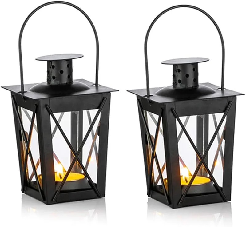 Visita la tienda de Nuptio Nuptio Farol de Techo, Colgante, Farol portátil de Cristal, Linterna Retro de Hierro, araña de hogar, Patio (Negro, 2 Pcs) — Cena a la luz de velas