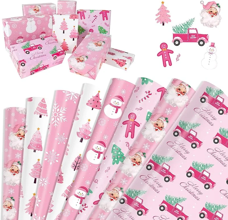 DPKOW Papel de Regalo de Navidad Rosa, 12 Hojas de Papel de Regalo de Árbol de Navidad Muñeco de Nieve Papel de Regalo de Copo de Nieve Navidad, Envoltura de Regalos Reciclable Navidad, 70 * 50cm — Envoltorio regalo