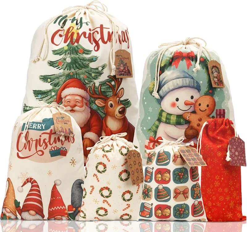 AhfuLife 6 Piezas Bolsas de Lona Navideñas con Cordón, 5 Tamaños Reutilizables Bolsas de Regalo para Navidad con 6 Etiquetas de Navideñas para Presentes y Decoración de Fiestas Navidad — Envoltorio regalo
