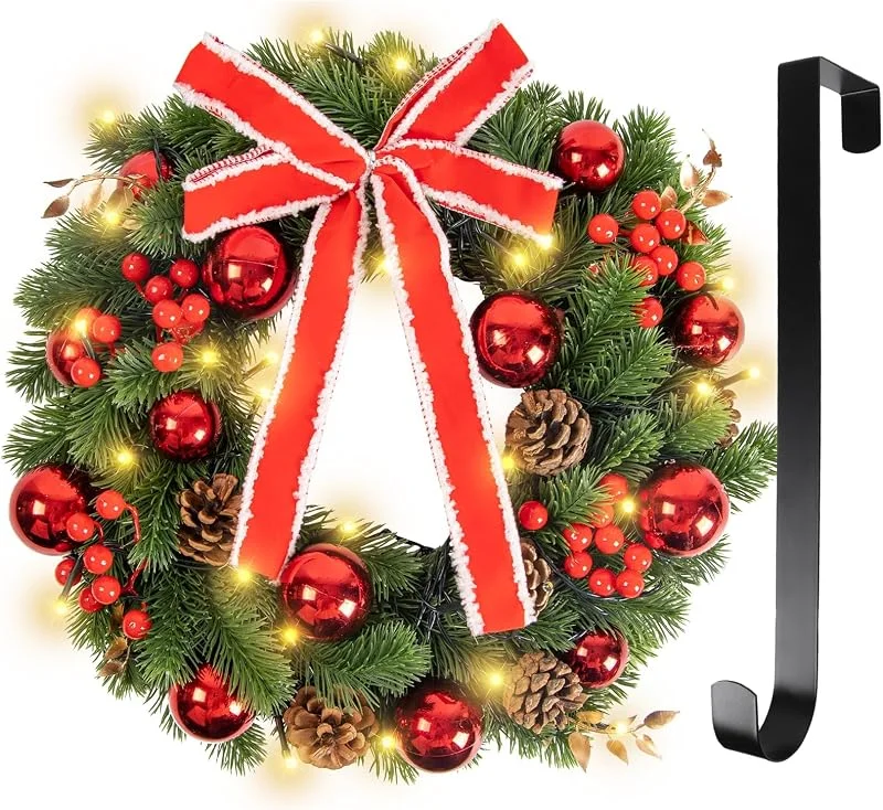 Fohil 16in Corona Navidad Puerta Grande con 40LED Luces, Guirnalda Navidad Verde con piñas y Frutos Rojos, Artificial Corona Navideña Decoración Navidad para Puerta, Chimenea, Pared, Ventana — Decoracion Navidad