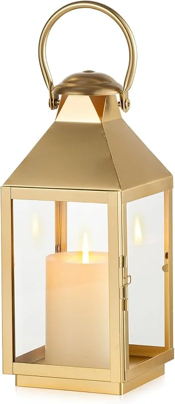 Visita la tienda de Nuptio NUPTIO Linternas Doradas Decorativas de Interior: 28.5cm Altura Linterna Jardín Metal con Cristal para Vela de Pilar - Decoración de Chimenea para Navidad Hogar Sala de Estar Manto Porche Mesa de Bo — Cena a la luz de velas
