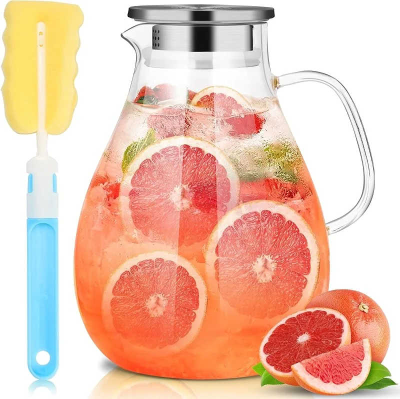 SUSTEAS Jarra de agua de 3, 0 litros, jarra de agua de 101 onzas, jarra de cristal con tapa y mango ancho, fácil de limpiar para el frigorífico, jarra de agua para té helado, leche, café, vino, jarra con — Vino y mesa festiva