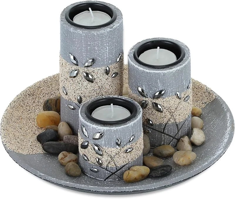 Visita la tienda de Relaxdays Relaxdays Portavelas Set, Bandeja Redonda, con Velitas y Guijarros, Centro de Mesa Salón, Comedor, Gris, Arena — Cena a la luz de velas