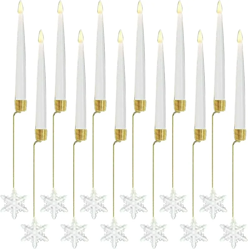 BEAHING 12 velas sin llama para árbol de Navidad con mando a distancia, velas LED cónicas sin llama parpadeantes, ganchos de copo de nieve, decoración de árbol de Navidad para interiores — Luces Navidad