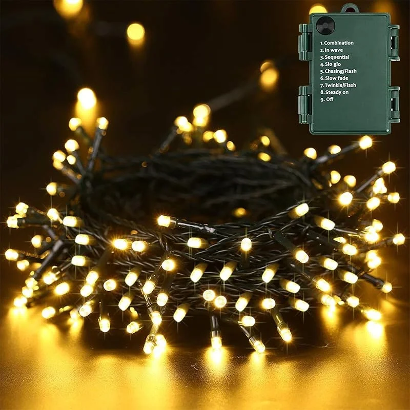 BrizLabs Luces Navidad Exterior, 20M 200 LED Blanco Cálido Decoración Navidad Cadena de Luces con Pilas Interior 8 Modos Impermeable Guirnalda Luces para Jardín Balcón Casa Bodas Fiestas Patio