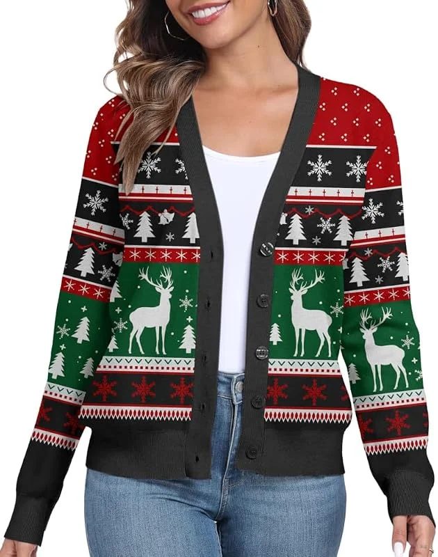 Visita la tienda de PrinStory PrinStory Cárdigan Mujer Frente Abierto Punto Manga Larga Casual Jersey Con Botones Mujer Manga Larga Jersey de Punto Cardigan — Ropa Navidad