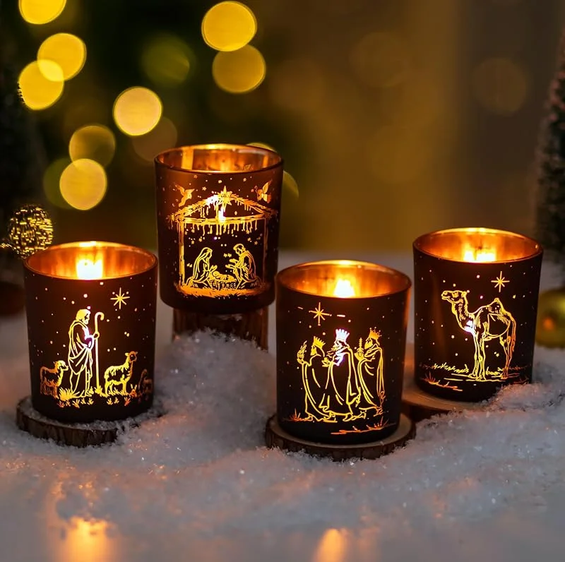 Glasseam Vasos De Té Modernos De Navidad De La Natividad: Juego De 4 Portavelas De Té De Vidrio De La Natividad De Navidad Arreglo De para Adviento Vasos De Vela para DecoracióN NavideñA — Adviento y mesa