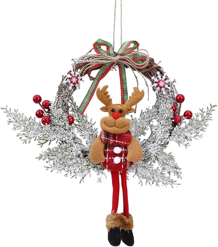 HQRKOTM Corona navideña de alce de 35 cm, decoración de corona navideña con bastón de alce, adecuada para puertas de entrada, ventanas y adornos de pared — Decoracion Navidad