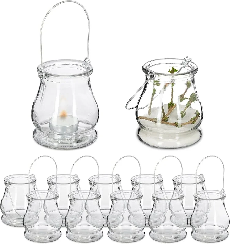Visita la tienda de Relaxdays Relaxdays Set de 12 Portavelas Cristal, Asa para Colgar, Interior y Exterior, Porta Velas de Té, 10x8, 5cm, Transparentes — Cena a la luz de velas