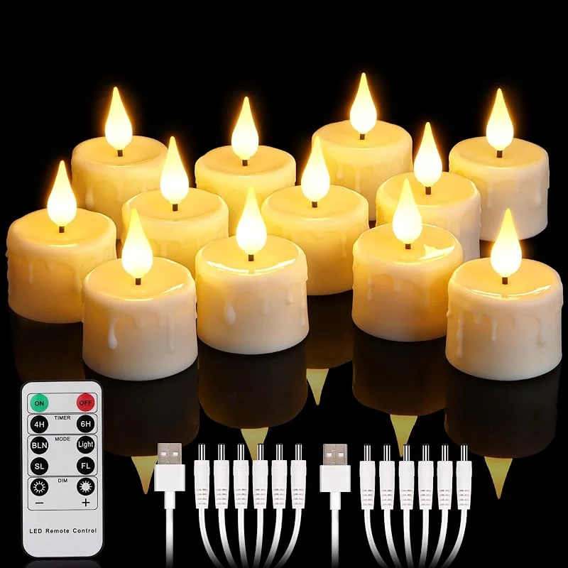 yunsheng 12 velas de té recargables con mando a distancia y temporizador de 4, 6 horas, recargables, sin llama, con 2 cables USB, mecha de silicona 3D, luz blanca cálida para decoración del hogar — Cena a la luz de velas