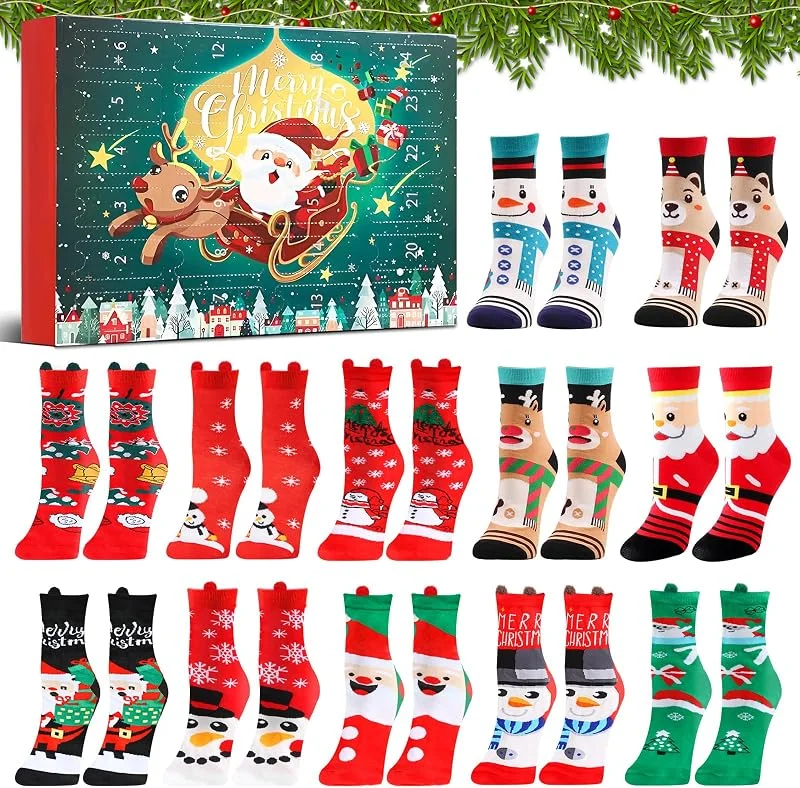 SUBRINGE Calcetines Navideños, 24 Días Calendario de Navidad Calcetines, 12 Pares Cómodos Calcetine Navidad, Set de Regalo de Calcetine Navideños para Adultos, Hombres, Mujeres, Adolescentes — Decoracion Navidad