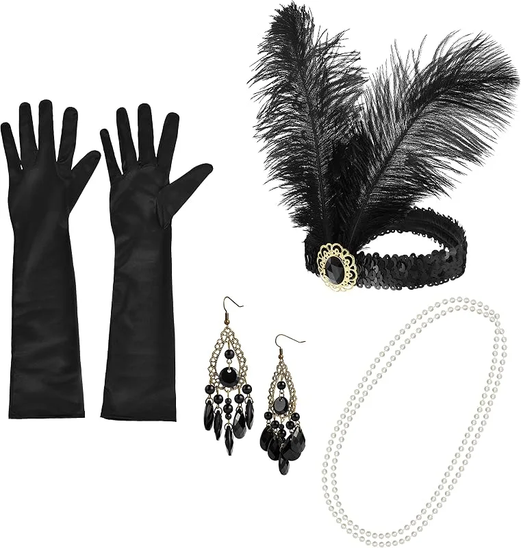 Balinco Conjunto Accesorios Años 20, Collar Perlas, Guantes Negros, Pendientes, Diadema Tocado Flapper, Carnaval, Disfraces, Festivales, Años 20 — Ropa Navidad