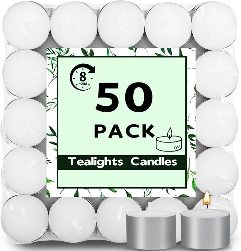Tczecoo 50 velas de té blancas con 8 horas de combustión, sin aroma ni hollín, para bodas, decoración de fiestas — Cena a la luz de velas