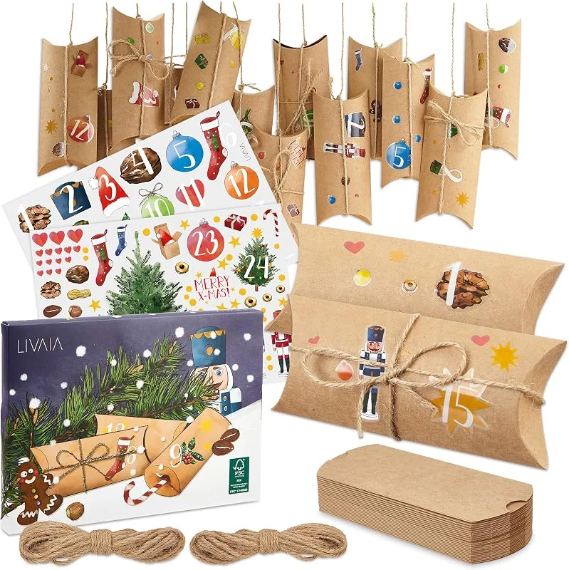 LIVAIA Calendario de Adviento para rellenar: bonito calendario de Adviento para rellenar con cajas, pegatinas y cuerda de yute – Calendario de Adviento 2023 para manualidades – DIY Calendario de Adviento — Adviento y mesa