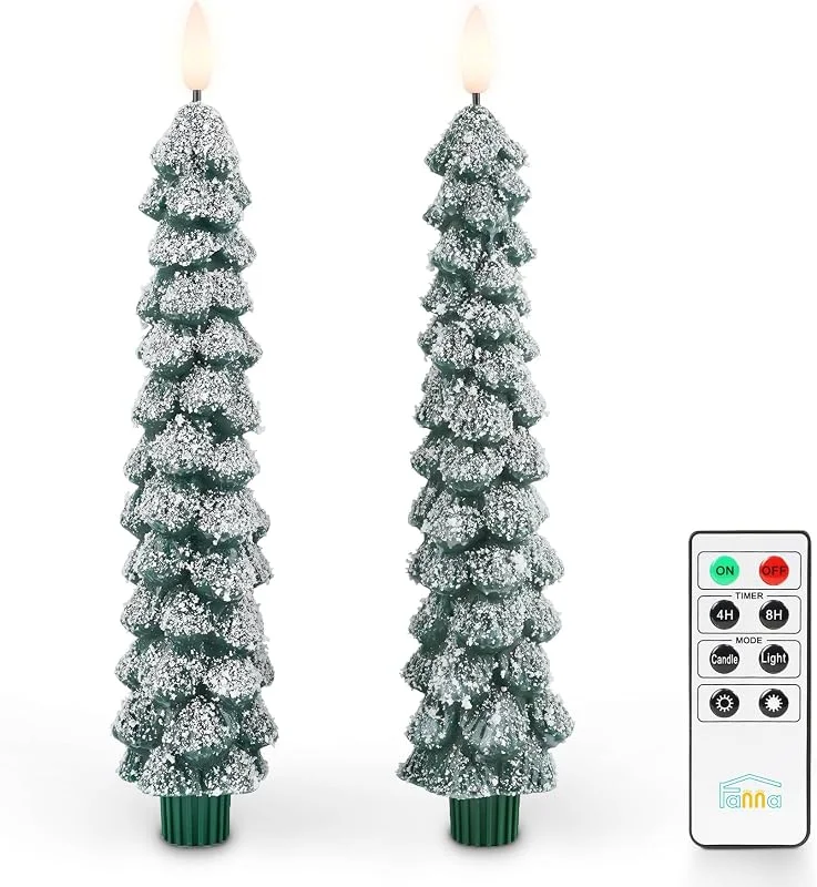 Visita la tienda de Fanna Fanna 2 Velas Cónicas LED con Forma de árbol de Navidad, Velas Largas con Temporizador, Velas a Pilas de Navidad para Decoraciones del Hogar, Mando a Distancia Incluido, Altura 25cm — Luces Navidad
