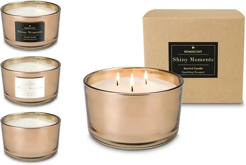 Römer Wellness Romocent - Vela aromática XXL Shiny Moments con 3 mechas en elegante cristal rosado. Tamaño: 13 x 13 x 8 cm. — Cena a la luz de velas