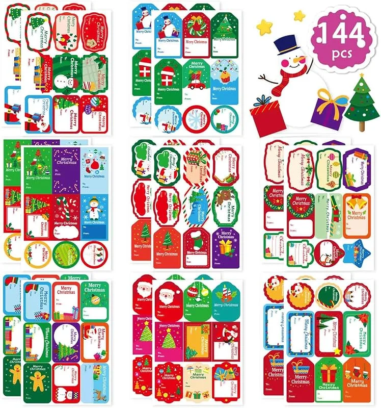 Fyvadio 144PCS Etiquetas Autoadhesivas Navideñas para Regalos, Etiquetas Navideñas para Regalos Etiquetas Navideñas con Nombre Etiquetas Navideñas para Envoltorios, Fiestas, Regalos, Tarjetas, Sobres — Envoltorio regalo