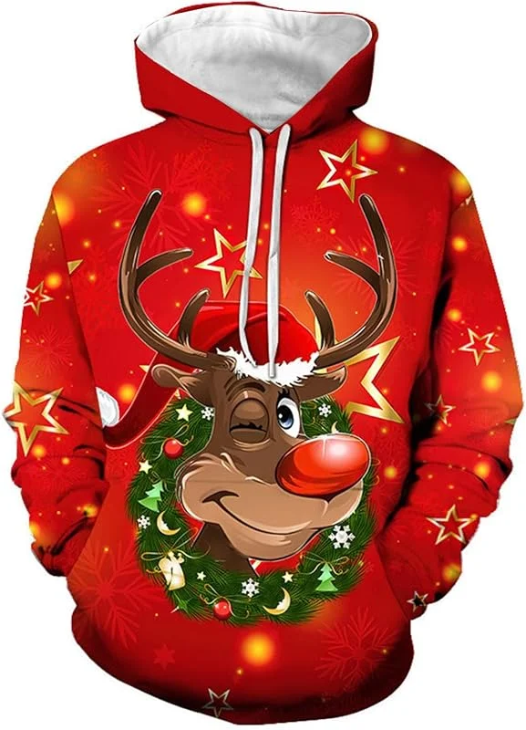 Generisch Jersey de Navidad para hombre de corte suelto, cómodo, festivo, diseño de reno, parte superior cálida — Ropa Navidad
