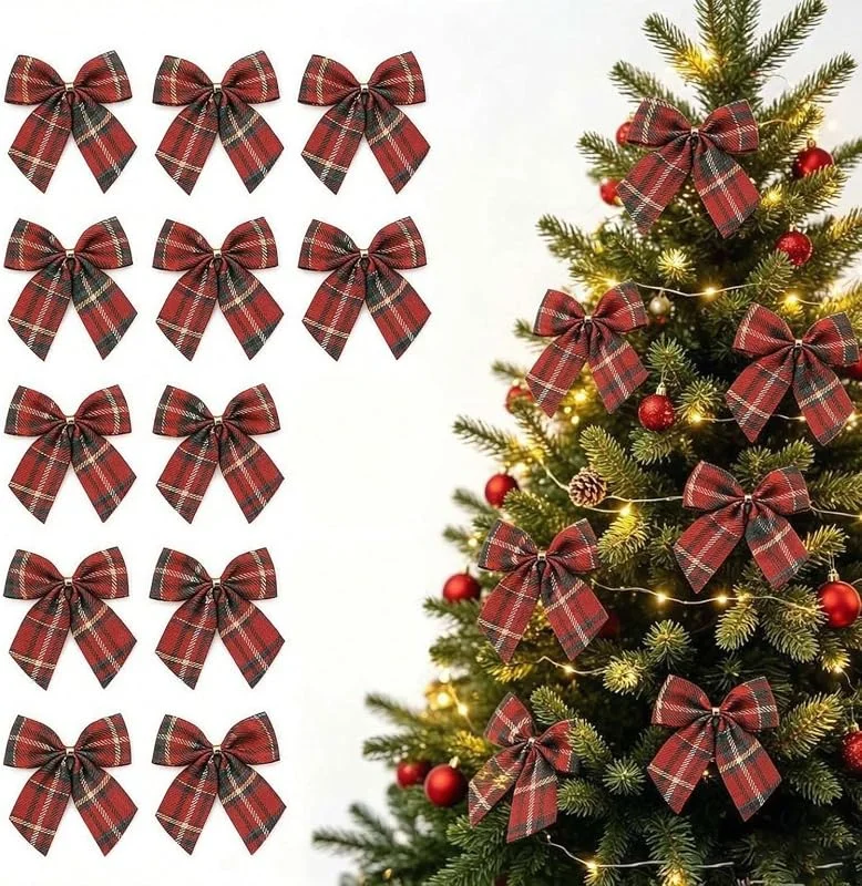 Copbopwn Lazos de Navidad 12 rojo tela a cuadros lazos árbol de Navidad — Envoltorio regalo