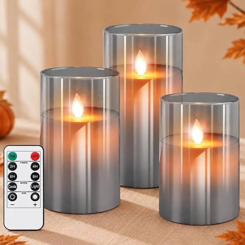 PinnWaa Velas LED sin Llama, 3 Piezas, Vidrio, Cera Real, Temporizador, Gris — Luces Navidad